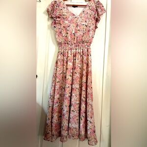 MSK Pink Floral Midi Dress with Ruffle Sleeves